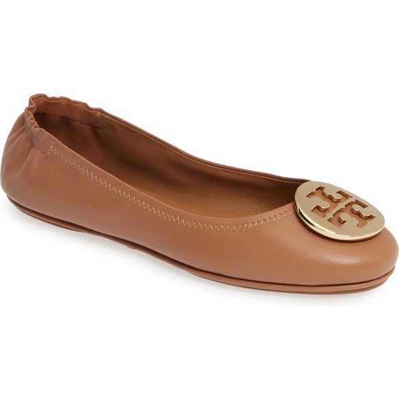 NIB Tory Burch Minnie Leather Ballet Travel Flat Royal Tan US 7 8 10 AUTHENTIC - Picture 1 of 12
